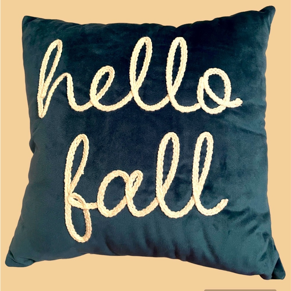 “Hello Fall” Teal Color Velvet Throw Pillow LIKE NEW